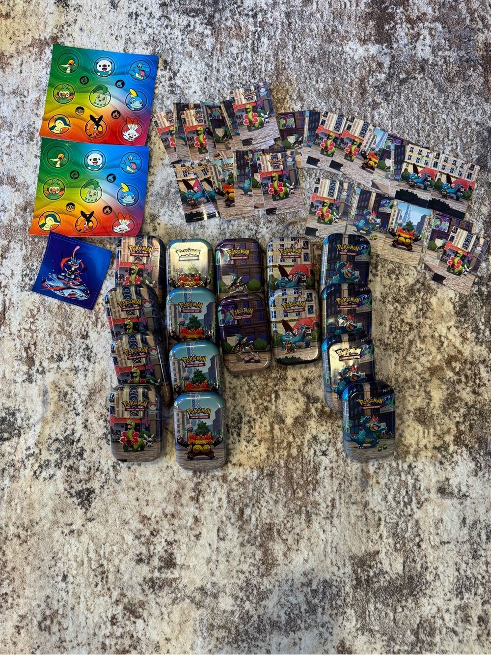 Pokemon Trading Card Tins and Cards - Blue, Green, Red, Yellow, Orange